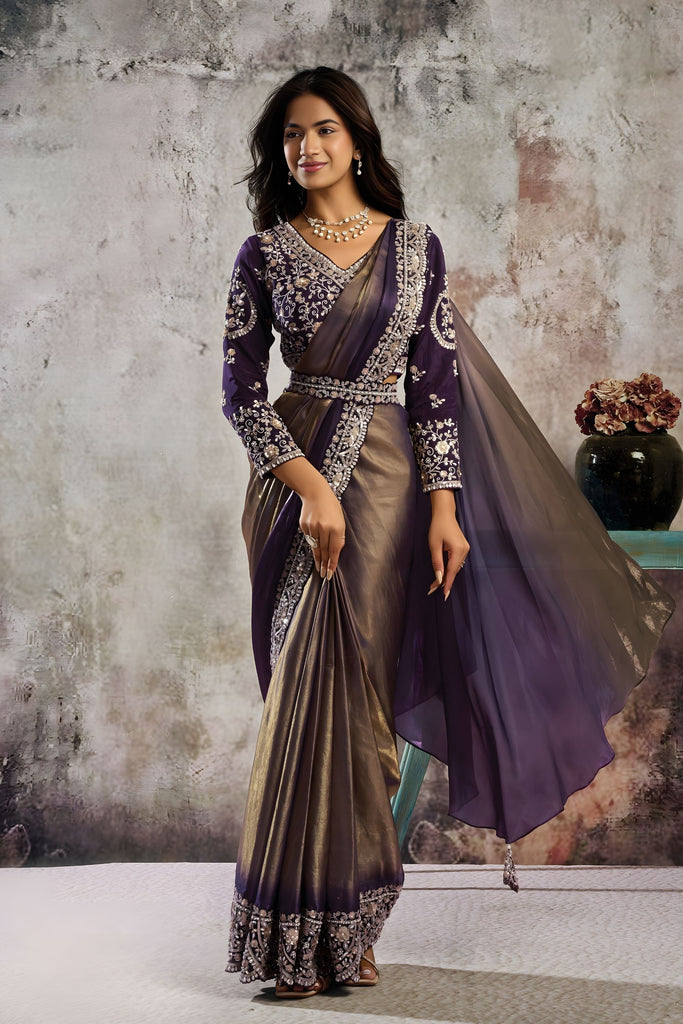  Purple Bronze Designer Saree Heavy Embroidered Blouse Ready To Wear 