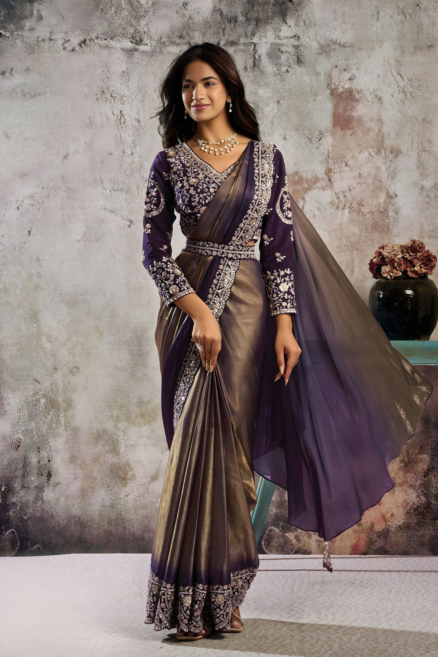  Purple Bronze Designer Saree Heavy Embroidered Blouse Ready To Wear 