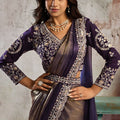 Purple Bronze Designer Saree Heavy Embroidered Blouse Ready To Wear