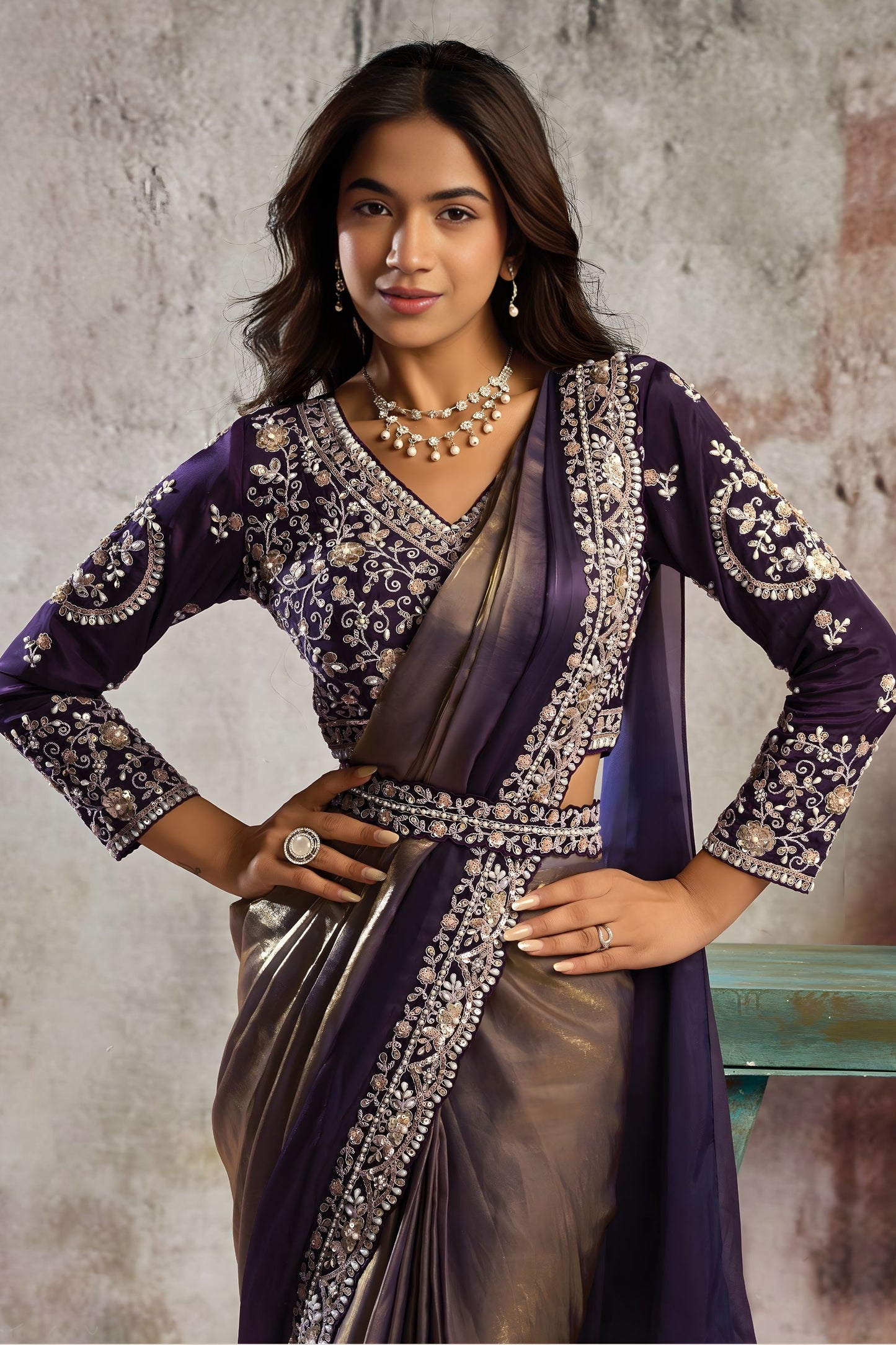Purple Bronze Designer Saree Heavy Embroidered Blouse Ready To Wear