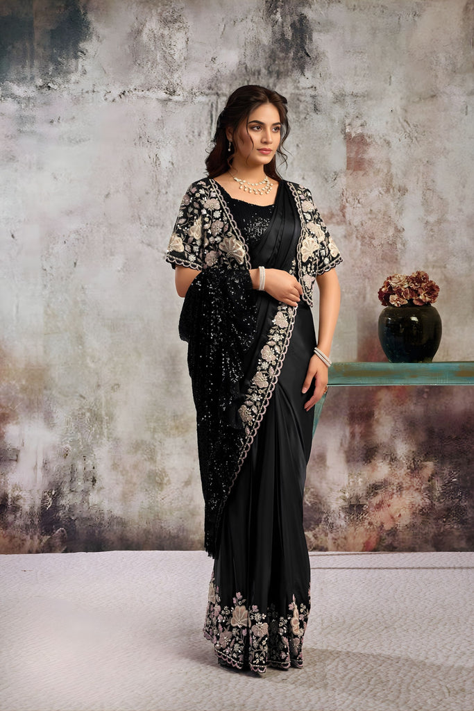 Black Designer Saree Sequin Pallu Heavy Embroidered Blouse Ready To Wear 
