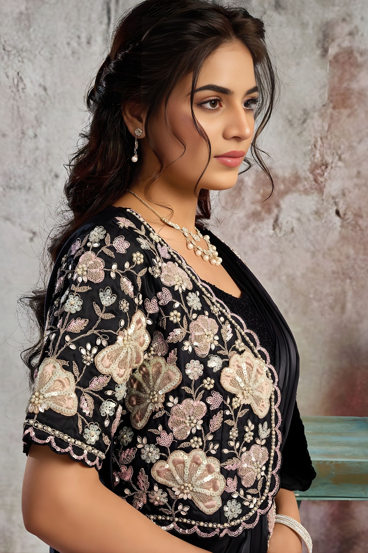 Black Designer Saree Sequin Pallu Heavy Embroidered Blouse Ready To Wear