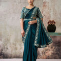 Teal Green Designer Saree Heavy Embroidered Blouse Ready To Wear 