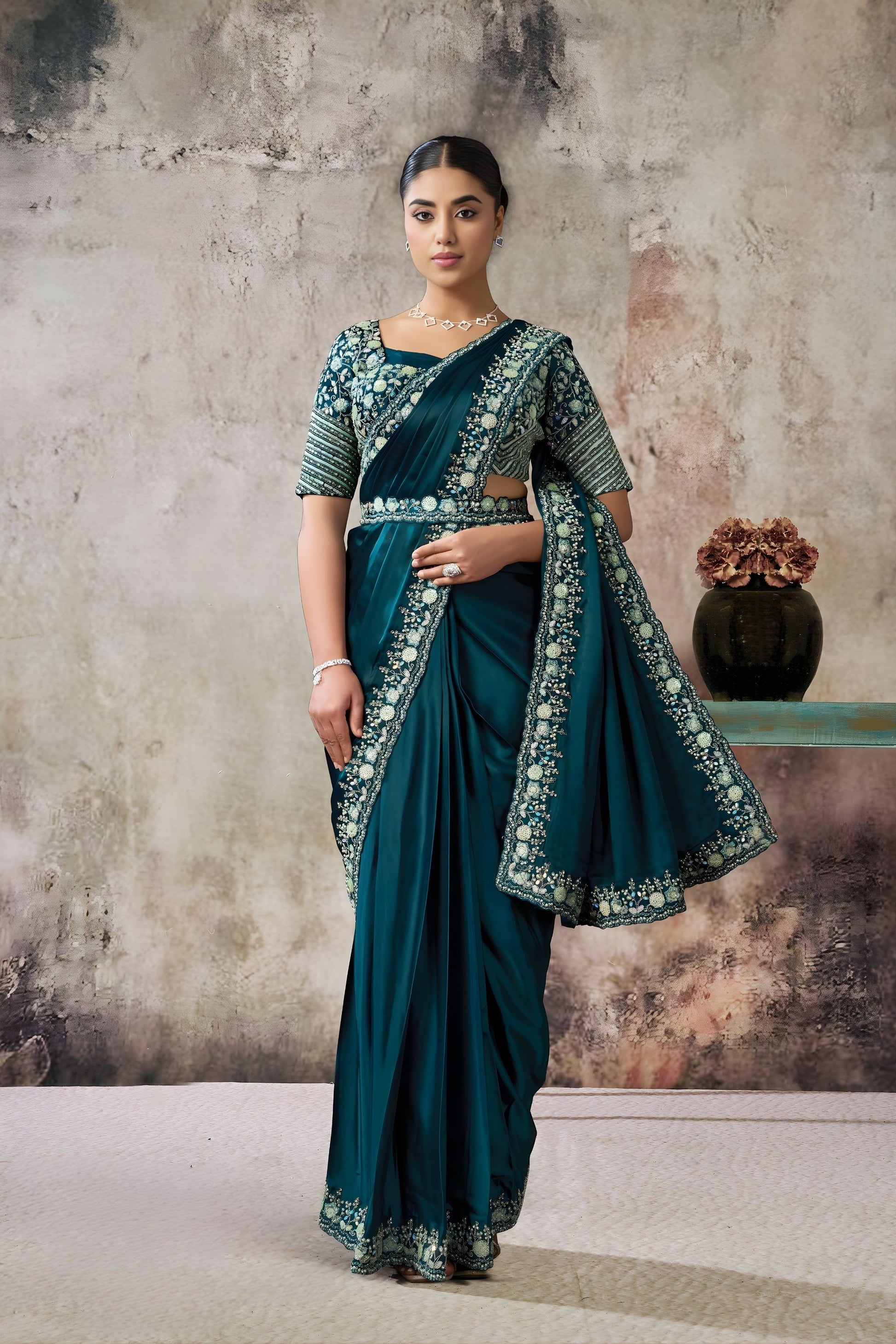 Teal Green Designer Saree Heavy Embroidered Blouse Ready To Wear 