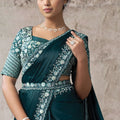 Teal Green Designer Saree Heavy Embroidered Blouse Ready To Wear
