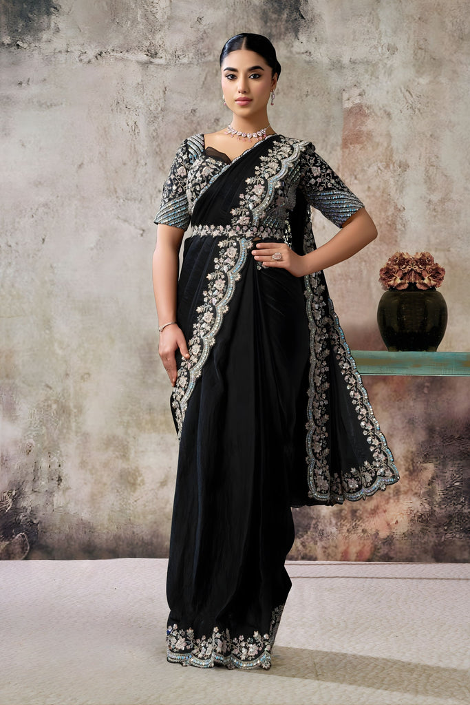 Designer Black Embroidered Saree with Heavy Blouse Ready To Wear 