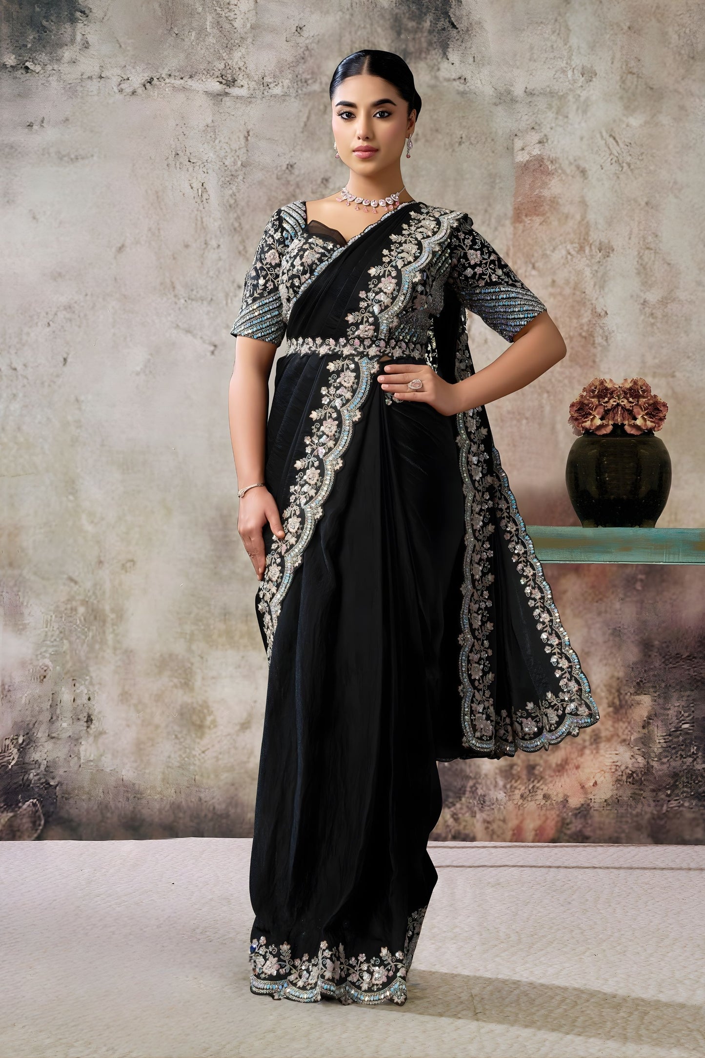 Designer Black Embroidered Saree with Heavy Blouse Ready To Wear 