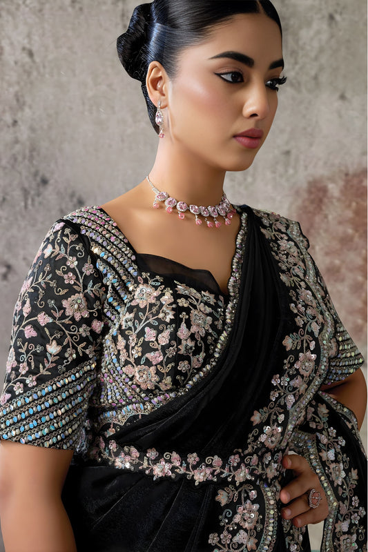 Designer Black Embroidered Saree with Heavy Blouse Ready To Wear
