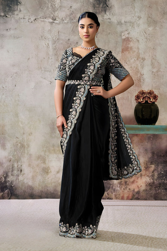 Designer Black Embroidered Saree with Heavy Blouse Ready To Wear 