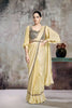 Pastel Yellow Designer Saree Cape Sleeves Embroidered Blouse Ready To Wear 