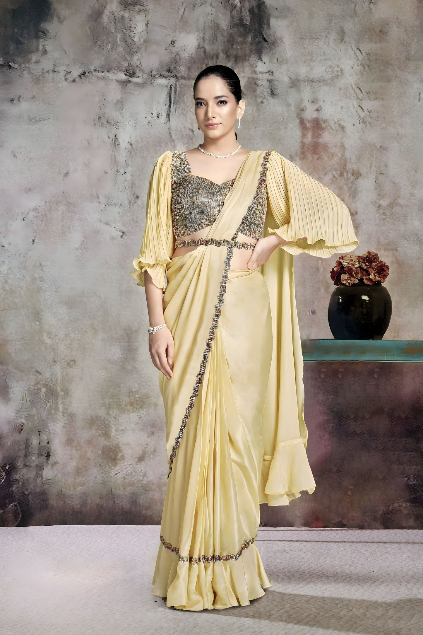 Pastel Yellow Designer Saree Cape Sleeves Embroidered Blouse Ready To Wear 