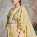 Pastel Yellow Designer Saree Cape Sleeves Embroidered Blouse Ready To Wear