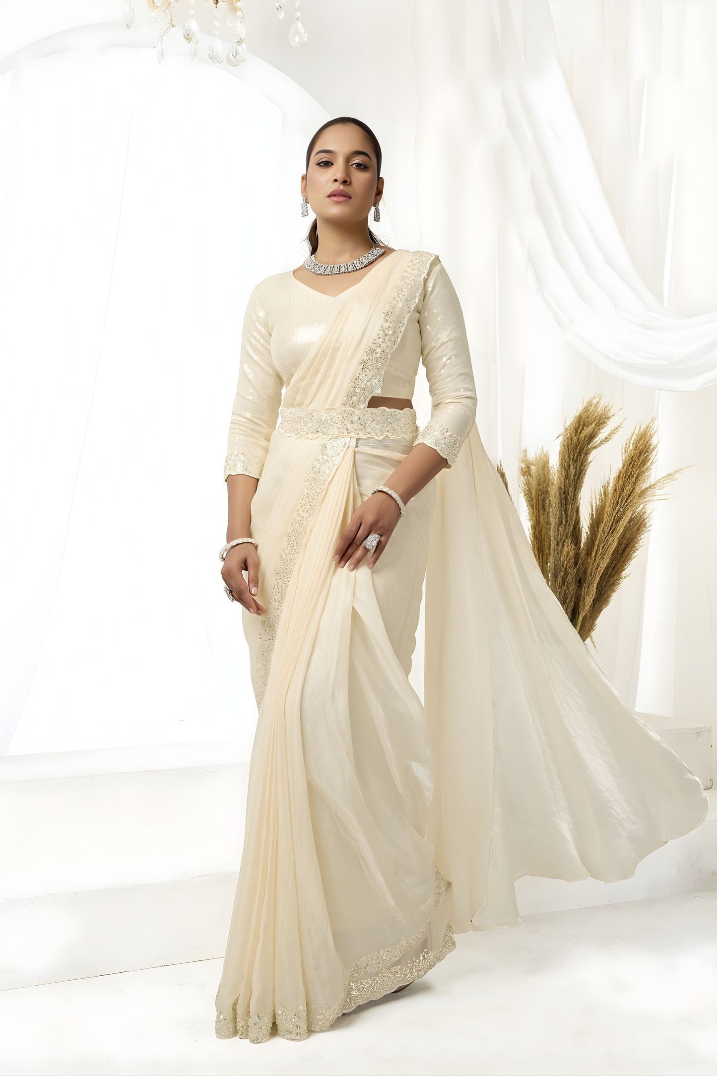 Off White Organza Saree Sequin Embroidered Border Designer Saree 