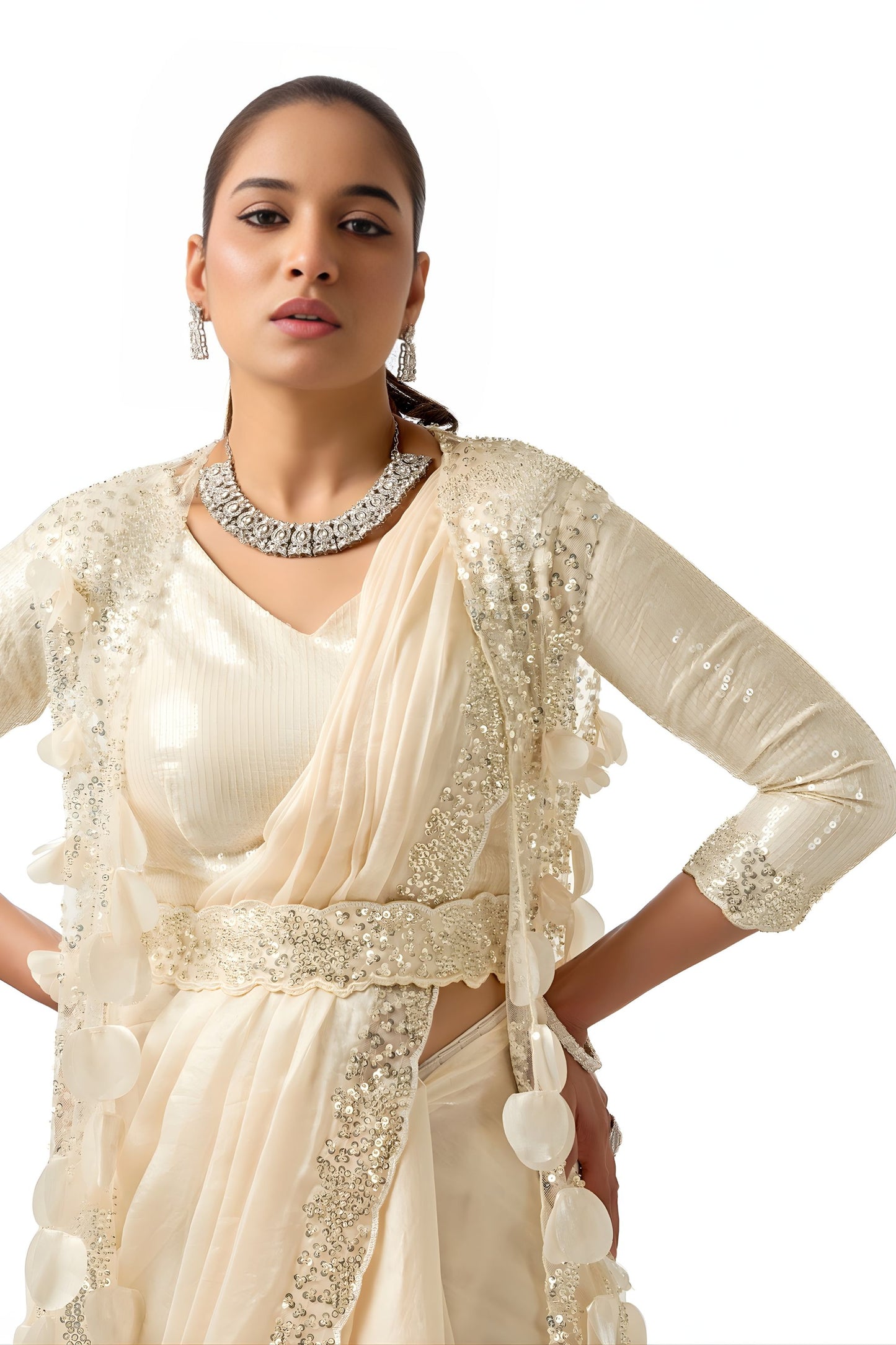 Off White Organza Saree Sequin Embroidered Border Designer Saree