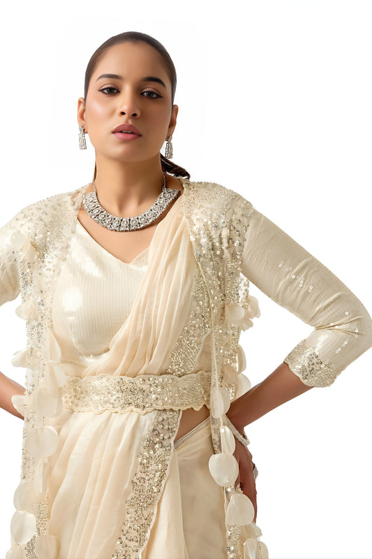 Off White Organza Saree Sequin Embroidered Border Designer Saree