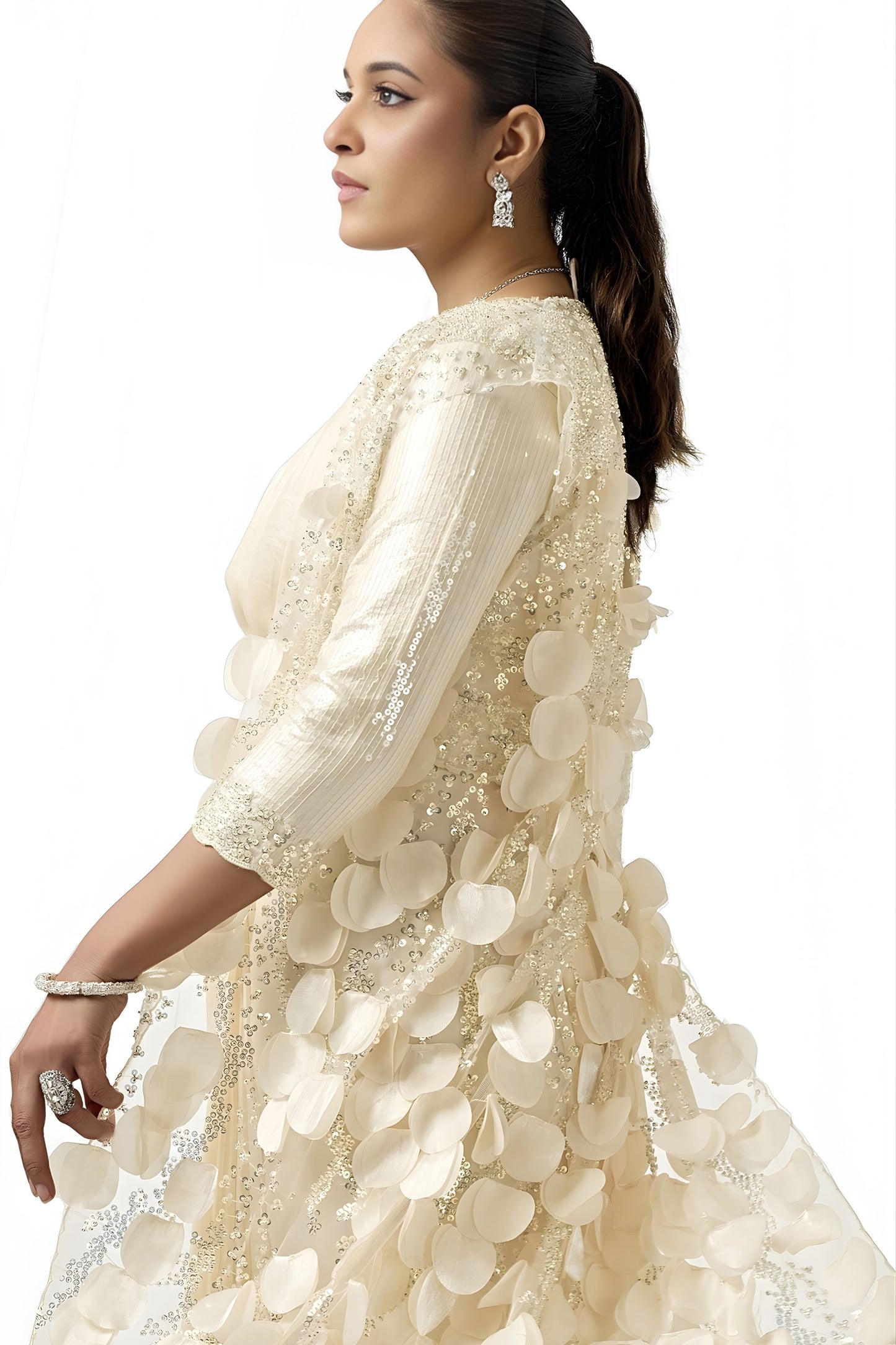 Off White Organza Saree Sequin Embroidered Border Designer Saree