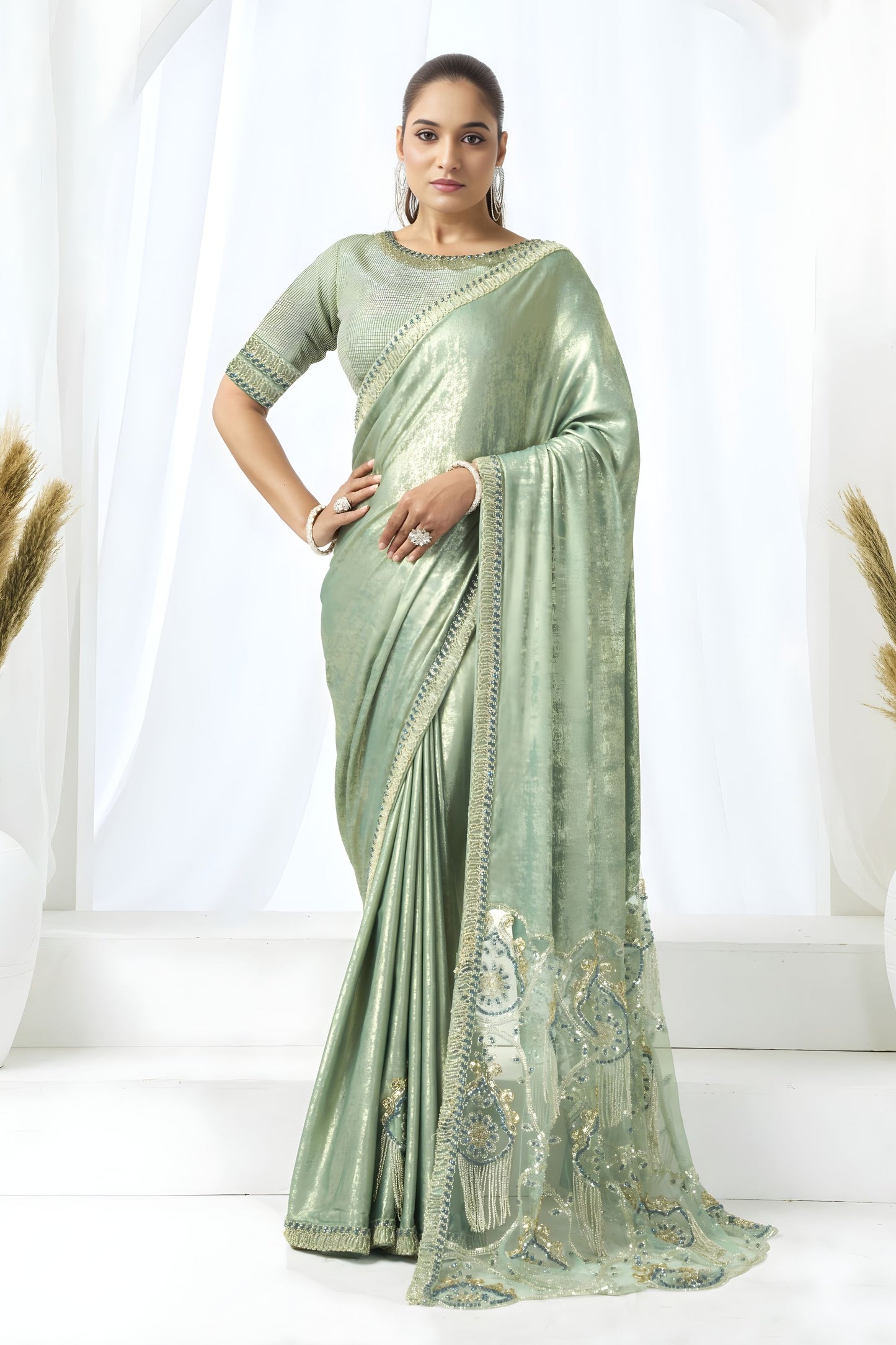  Mint Green Shimmer Saree Sequin Embroidered Net Pallu 
