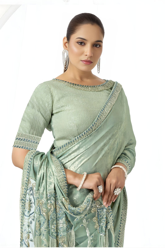 Mint Green Shimmer Saree Sequin Embroidered Net Pallu