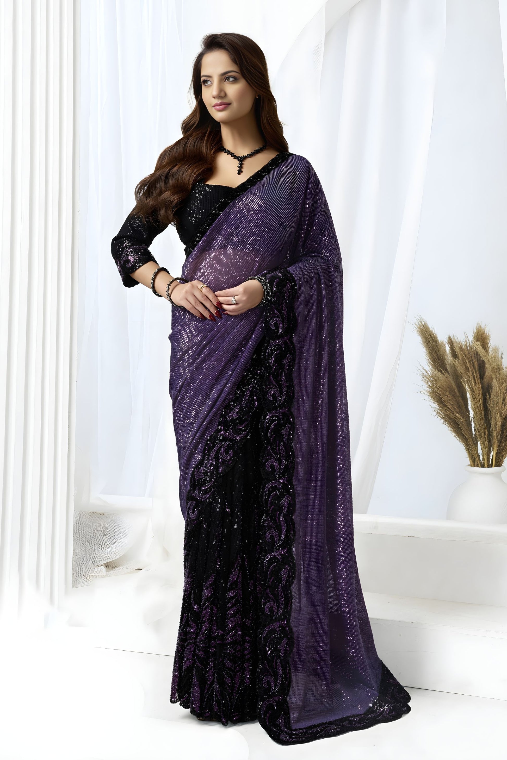 Purple Black Sequin Embroidered Designer Saree Net Pallu 
