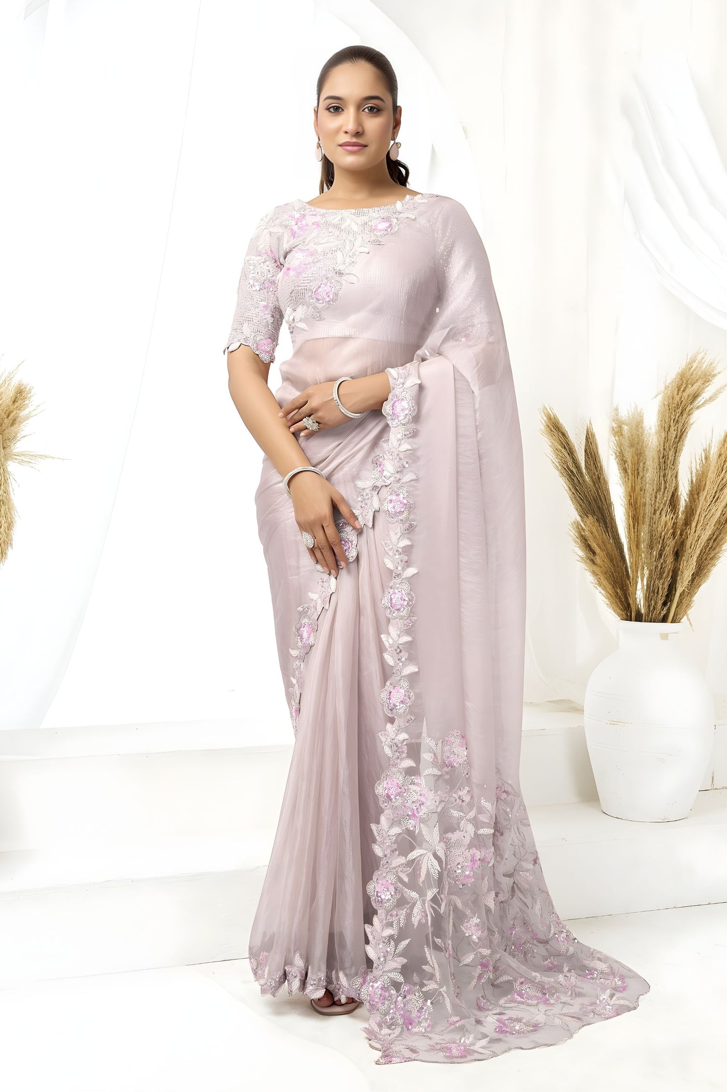  Pastel Lavender Organza Saree Floral Embroidery Designer Blouse