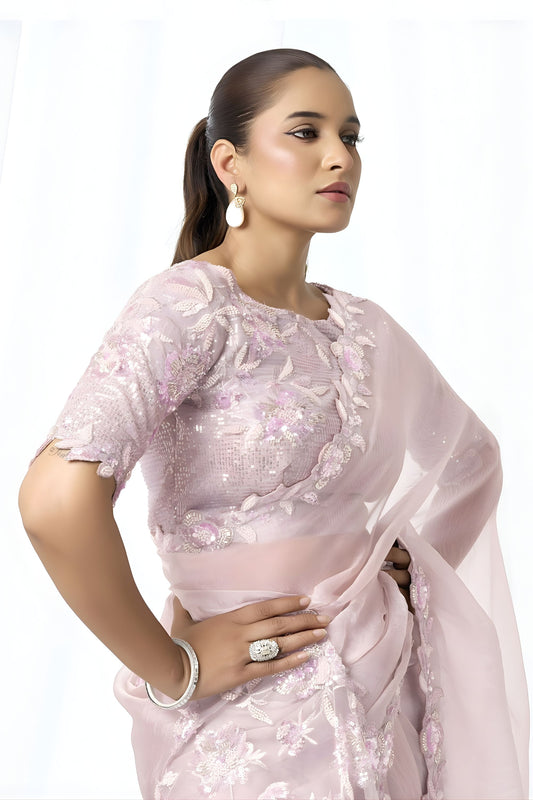 Pastel Lavender Organza Saree Floral Embroidery Designer Blouse