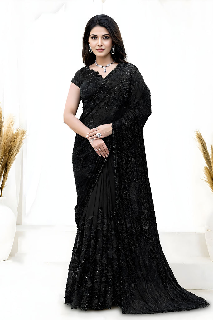  Black Sequin Embroidered Designer Saree with Blouse 