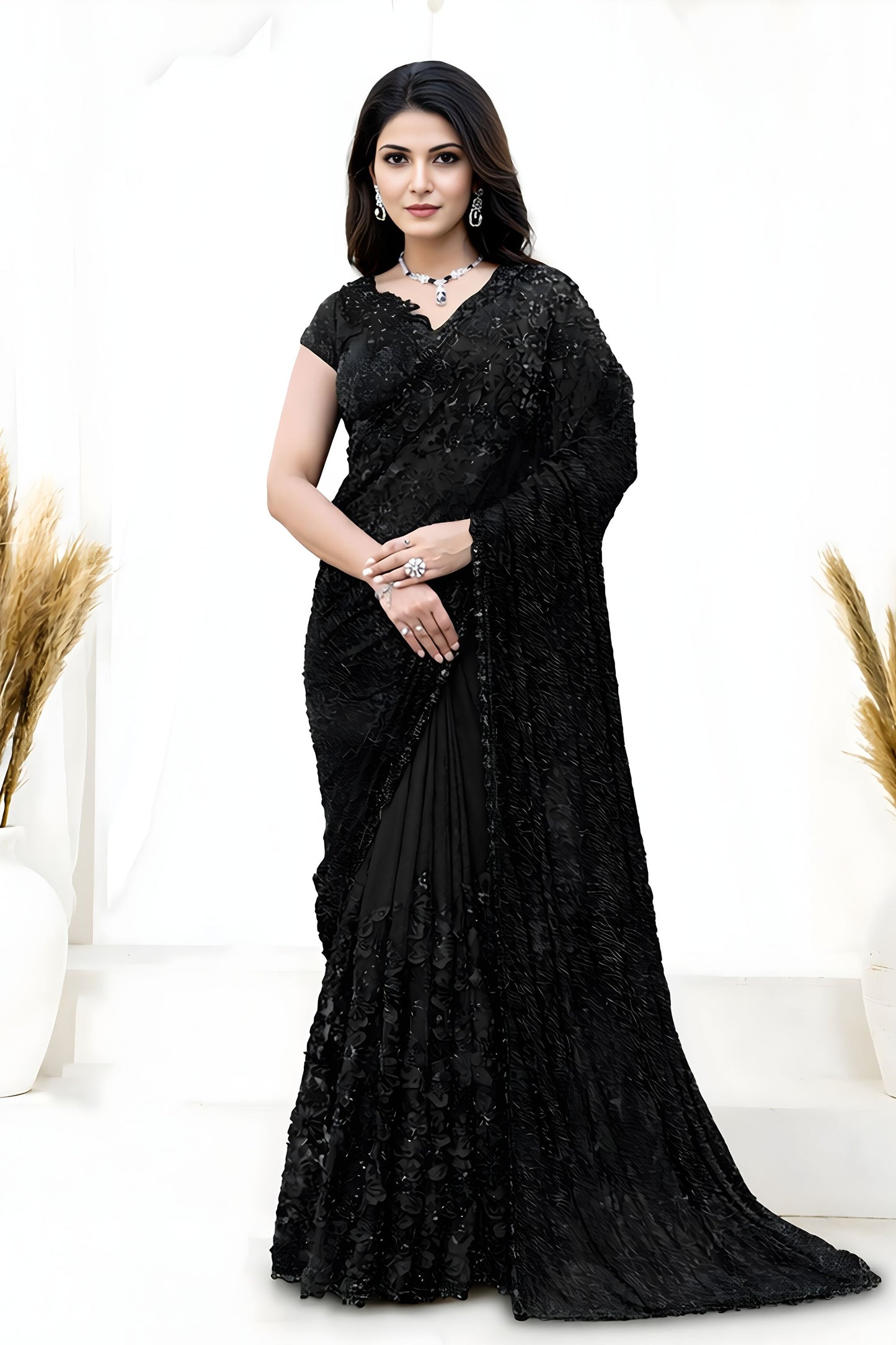  Black Sequin Embroidered Designer Saree with Blouse 
