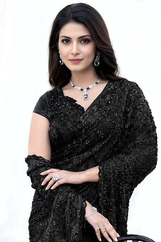Black Sequin Embroidered Designer Saree with Blouse