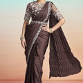 Brown Satin Embroidered Designer Saree with Sequins Work Blouse 