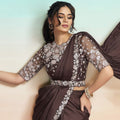 Brown Satin Embroidered Designer Saree with Sequins Work Blouse