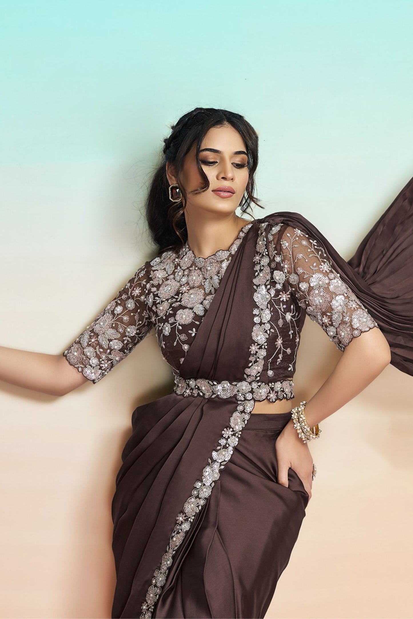 Brown Satin Embroidered Designer Saree with Sequins Work Blouse