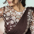Brown Satin Embroidered Designer Saree with Sequins Work Blouse