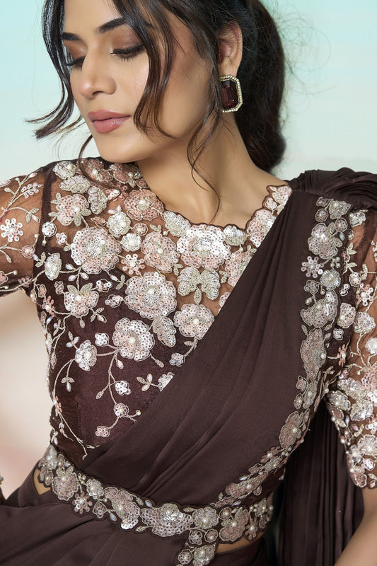 Brown Satin Embroidered Designer Saree with Sequins Work Blouse