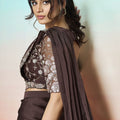 Brown Satin Embroidered Designer Saree with Sequins Work Blouse