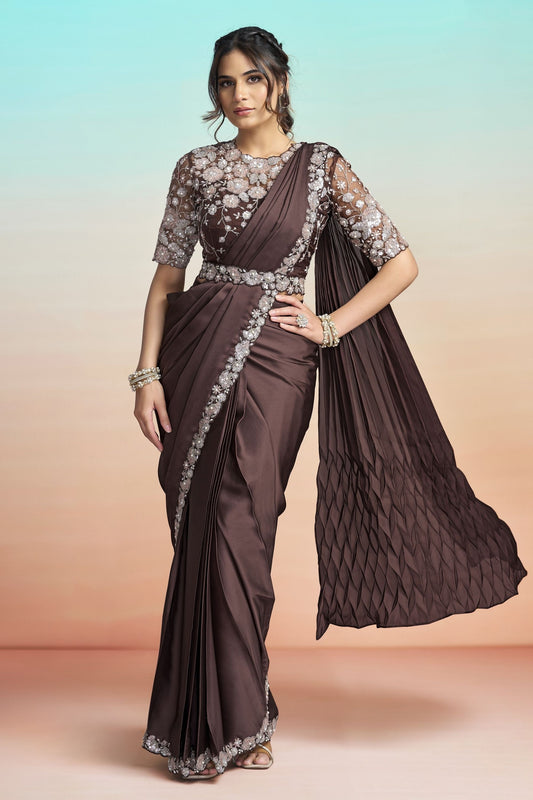 Brown Satin Embroidered Designer Saree with Sequins Work Blouse 