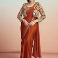 Rust Orange Satin Designer Saree Embroidered Blouse Printed Jacket