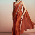 Rust Orange Satin Designer Saree Embroidered Blouse Printed Jacket