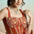 Rust Orange Satin Designer Saree Embroidered Blouse Printed Jacket