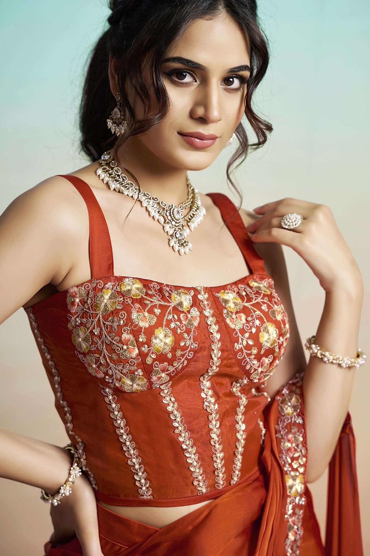 Rust Orange Satin Designer Saree Embroidered Blouse Printed Jacket