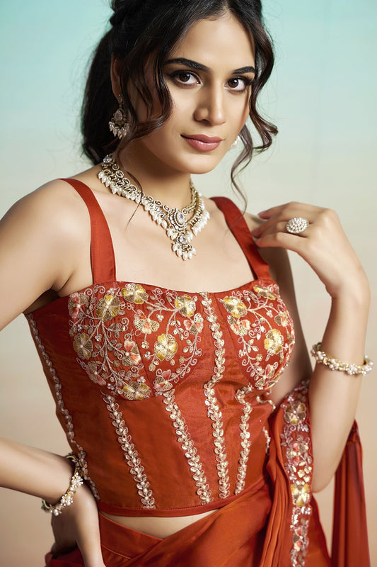 Rust Orange Satin Designer Saree Embroidered Blouse Printed Jacket