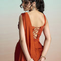 Rust Orange Satin Designer Saree Embroidered Blouse Printed Jacket