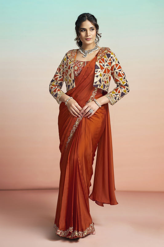 Rust Orange Satin Designer Saree Embroidered Blouse Printed Jacket