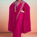  Rani Pink Satin Designer Saree Embroidered Blouse Pleated Cape 