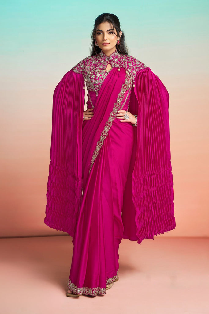  Rani Pink Satin Designer Saree Embroidered Blouse Pleated Cape 