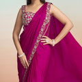 Rani Pink Satin Designer Saree Embroidered Blouse Pleated Cape