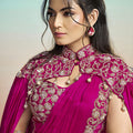 Rani Pink Satin Designer Saree Embroidered Blouse Pleated Cape