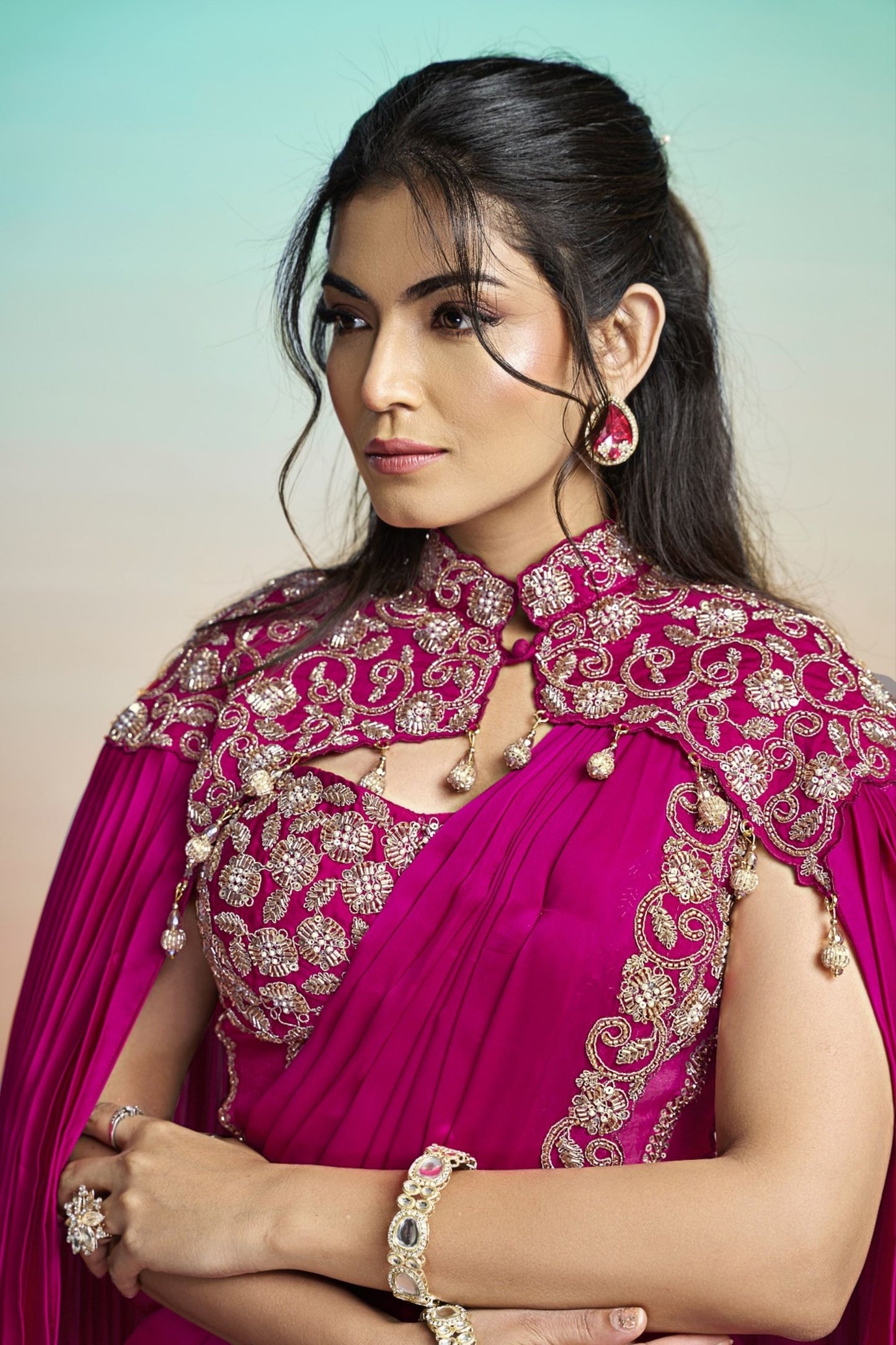 Rani Pink Satin Designer Saree Embroidered Blouse Pleated Cape