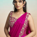 Rani Pink Satin Designer Saree Embroidered Blouse Pleated Cape
