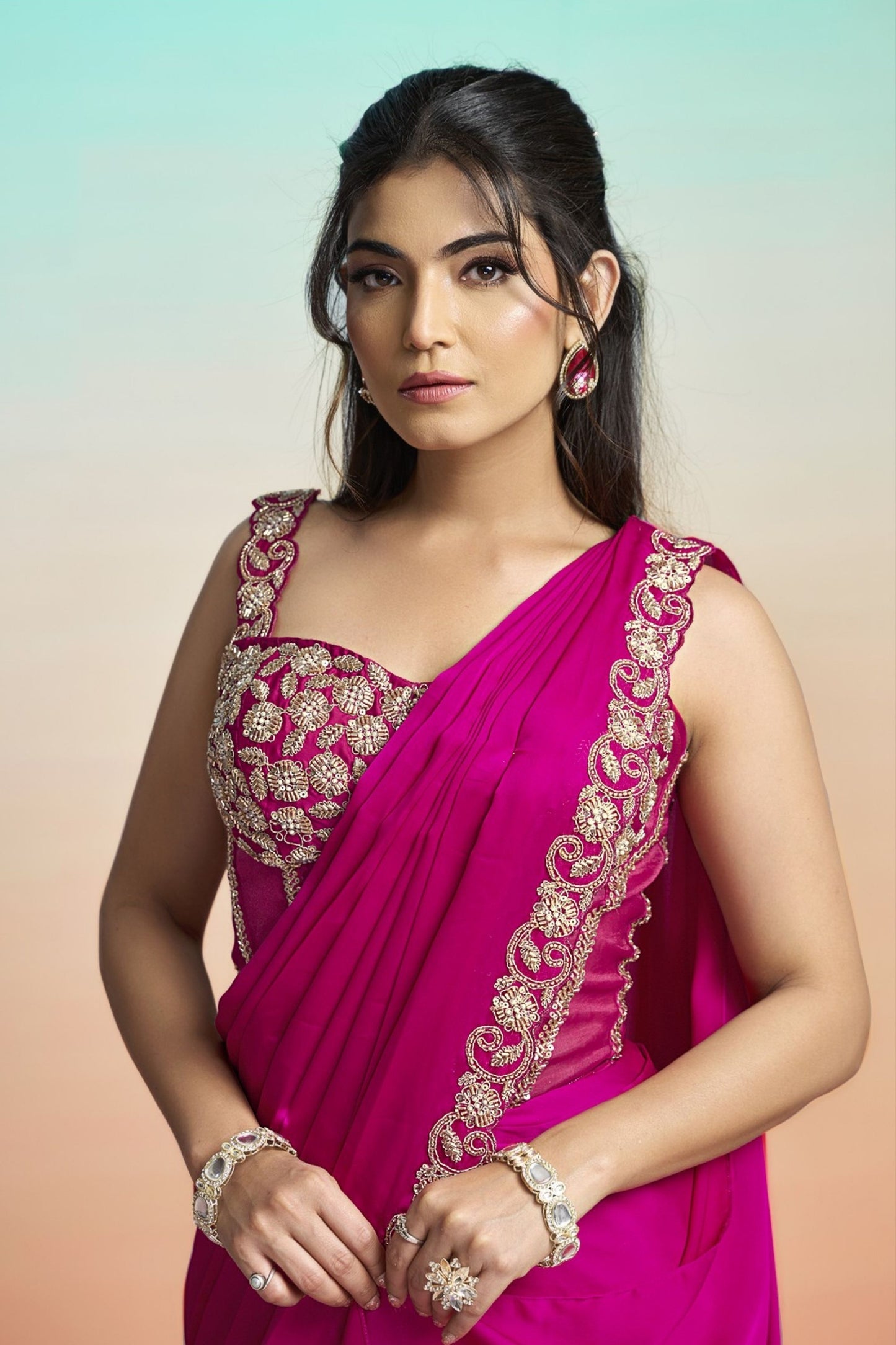 Rani Pink Satin Designer Saree Embroidered Blouse Pleated Cape