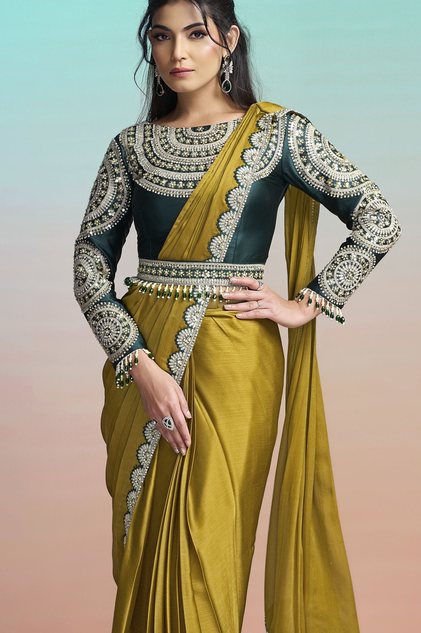 Olive Green Satin Designer Saree with Heavy Embroidered Blouse 